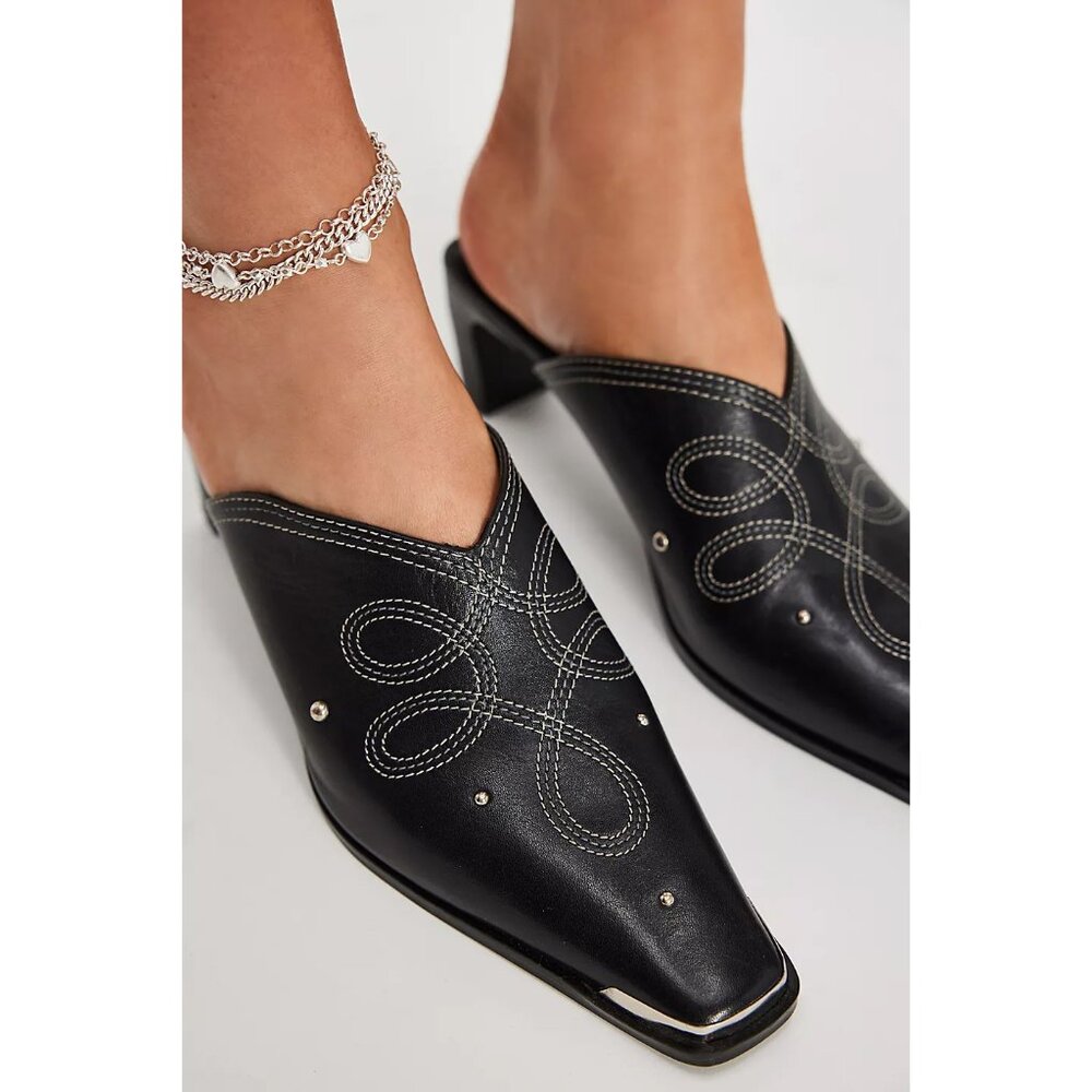 Free People Roxi Metal Tip Black Mules with Silver Accents NWT